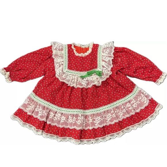 VTG 1980s Bryan Baby Girl 6-9MRed Calico Christmas Dress Lace Green Ribbon Prair - Picture 1 of 15